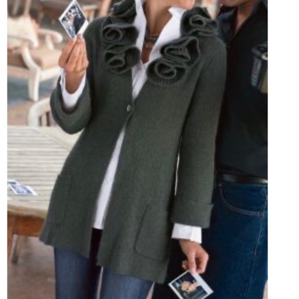 Soft Surroundings Olive Green Ruffle Collar Cardigan Sweater